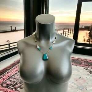 Vintage Teardrop Turquoise Pendant Beaded Necklace 20-23" Dress Costume Jewelry